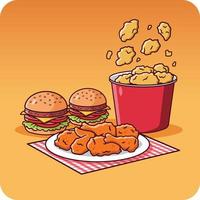 Fast food set includes fried chicken wings and a burger, vector design and isolated background.