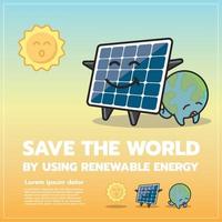 salvar el mundo mediante el uso de energía renovable como paneles solares, icono, diseño de vectores de dibujos animados, fondo aislado.