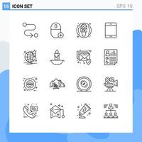 Pack of 16 Modern Outlines Signs and Symbols for Web Print Media such as browser hardware device gadget computers Editable Vector Design Elements