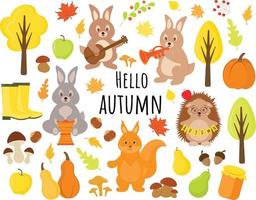 Hello autumn vector elements set with falling leaves, pumpkins, hares, squirrel, hedgehog, harvest. Childish scrapbook collection of fall season elements. Harvest time. Autumn party in the forest.