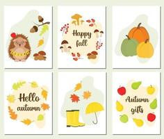 Autumn seasonals templates with cute and cozy elements. Set of hello autumn posters and cards for Thanksgiving and seasonal greetings design. Trendy Fall inscription collection isolated on white. vector