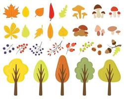 árboles de otoño, hojas, setas, bayas aisladas en un fondo blanco. colección de elementos de otoño. ramas doradas y verdes del bosque, árboles de otoño amarillos y naranjas. conjunto de plantas de otoño. vector