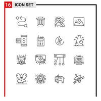 Pack of 16 Modern Outlines Signs and Symbols for Web Print Media such as photographer landscape dustbin space research Editable Vector Design Elements