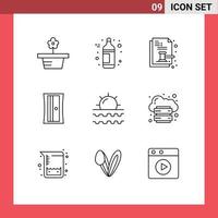 Pictogram Set of 9 Simple Outlines of sun beach auction paper tool education Editable Vector Design Elements