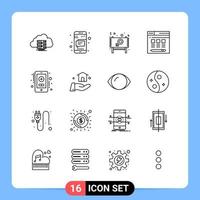16 Line Black Icon Pack Outline Symbols for Mobile Apps isolated on white background 16 Icons Set vector