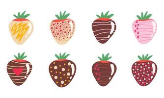 fresas en chocolate, conjunto grande. ilustración para fondos, portadas y empaques. la imagen se puede utilizar para tarjetas de felicitación, carteles, pegatinas y textiles. aislado sobre fondo blanco. vector