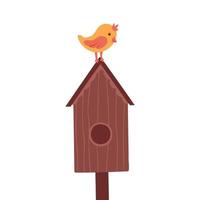 Wooden birdhouse with little bird. Illustration for printing, backgrounds, covers and packaging. Image can be used for greeting card, poster, sticker and textile. Isolated on white background. vector