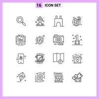 Pack of 16 Modern Outlines Signs and Symbols for Web Print Media such as user resume castle tower profit growth Editable Vector Design Elements