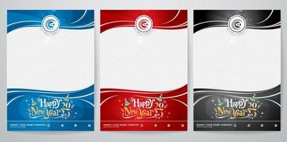 ilustración vectorial del feliz año nuevo 2023 volante o afiche diseño de tres conceptos conjunto de tarjetas con cintas para campaña de anuncios en medios sociales, planificador de oficina, catálogo de proyectos, papel listo para imprimir vector