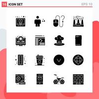 Collection of 16 Vector Icons in solid style. Modern Glyph Symbols for Web and Mobile. Solid Icon Sign Isolated on White Background. 16 Icons.