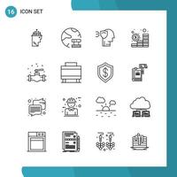 Vector Pack of 16 Outline Symbols. Line Style Icon Set on White Background for Web and Mobile.