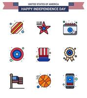 Flat Filled Line Pack of 9 USA Independence Day Symbols of presidents day calendar sign police Editable USA Day Vector Design Elements