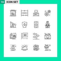 Group of 16 Modern Outlines Set for construction gears bed development valentine night Editable Vector Design Elements