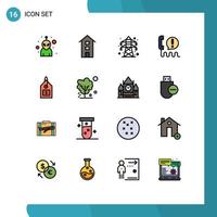 grupo de 16 líneas rellenas de color plano, signos y símbolos para la comunicación de etiquetas centro eléctrico llamada elementos de diseño de vectores creativos editables