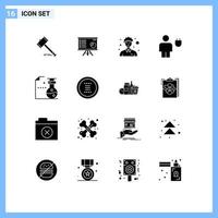 Group of 16 Modern Solid Glyphs Set for person male analytics community marketing Editable Vector Design Elements