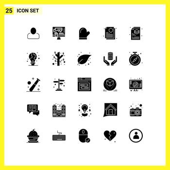 Pack of 25 Modern Solid Glyphs Signs and Symbols for Web Print Media such as process document glouve insurance policy oven Editable Vector Design Elements