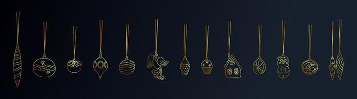 Golden christmas baubles vector illustration isolated on dark blue