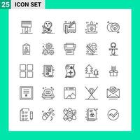paquete de 25 conjuntos de iconos de estilo de línea. símbolos de esquema para imprimir. signos creativos aislados sobre fondo blanco. 25 conjunto de iconos. vector