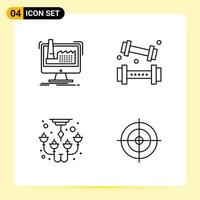 4 íconos creativos para el diseño moderno de sitios web y aplicaciones móviles receptivas. 4 signos de símbolos de contorno sobre fondo blanco. Paquete de 4 iconos.