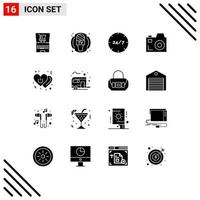 16 Universal Solid Glyphs Set for Web and Mobile Applications love media all day communication service Editable Vector Design Elements