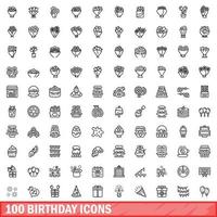 100 iconos de cumpleaños, estilo de esquema vector