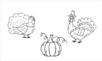 Turkeys, pumpkin Coloring Page Thanksgiving day. Isolated Vector Illustration