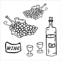 Wine, grapes, two glasses. Coloring page. Vector illustration