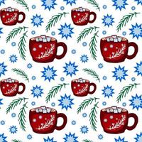 Seamless pattern with Red cup, mug, cocoa, marshmallows, twigs and snowflakes. Vector illustration.