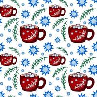 Seamless pattern with Red cup, mug, cocoa, marshmallows, twigs and snowflakes. Vector illustration.