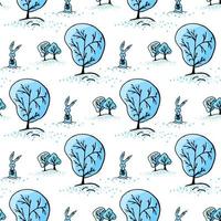 Winter Christmas Seamless Pattern with trees and rabbit. Blue colors. Vector illustration.