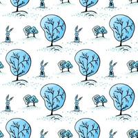 Winter Christmas Seamless Pattern with trees and rabbit. Blue colors. Vector illustration.