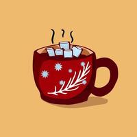 taza roja, taza con cacao y malvaviscos. la taza de invierno es ramitas y copos de nieve. ilustración vectorial vector