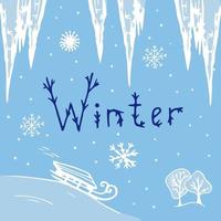 Winter card with sled, icicles, snowflakes, snowfall. Blue color. Vector illustration.