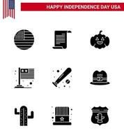 Modern Set of 9 Solid Glyphs and symbols on USA Independence Day such as bat ball pumkin usa flag Editable USA Day Vector Design Elements