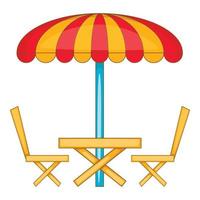 Cafe table with sun umbrella icon, cartoon style vector