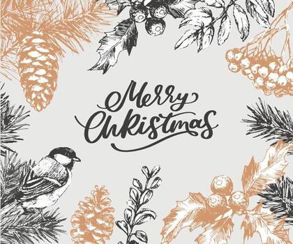 Merry Christmas and Happy New Year Abstract Botanical Card with Square Frame Banner and Modern Typography. Green and Pink Pastel Colors Greeting Layout. Isolated. vector