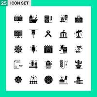 paquete de 25 conjuntos de iconos de estilo sólido. símbolos de glifo para imprimir. signos creativos aislados sobre fondo blanco. 25 conjunto de iconos. vector