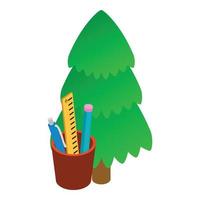 School accessory icon isometric vector. Stationery in pen holder near pine tree vector