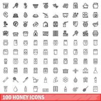 100 honey icons set, outline style vector