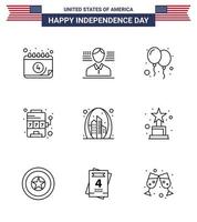 USA Independence Day Line Set of 9 USA Pictograms of gate arch celebrate game machine Editable USA Day Vector Design Elements