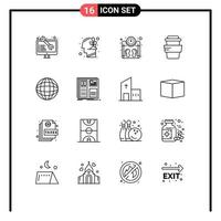 Set of 16 Modern UI Icons Symbols Signs for world globe machine drink glass Editable Vector Design Elements