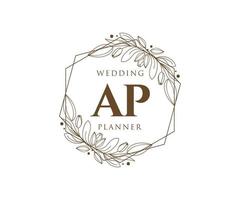 Colección de logotipos de monogramas de boda con letras iniciales AP, plantillas florales y minimalistas modernas dibujadas a mano para tarjetas de invitación, guardar la fecha, identidad elegante para restaurante, boutique, café en vector