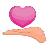 Pink heart in hand icon, cartoon style vector