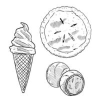 conjunto de bocetos y postres dibujados a mano y helado de pastel dulce y trufa de chocolate vector