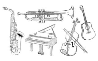 set of sketch and hand drawn musical equipment saxophone trumpet violin guitar and piano vector