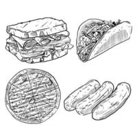 conjunto de croquis y elementos de comida rápida dibujados a mano sándwich taco pizza y salchicha vector