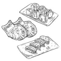 set of sketch and hand drawn japanese cuisine food element collection sushi taiyaki and takoyaki vector