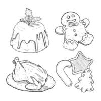 conjunto de bocetos y elementos dibujados a mano conjunto de colección de navidad pudín de pan de jengibre pollo asado y galletas vector