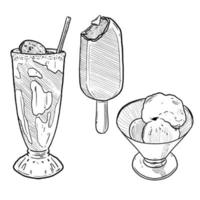 conjunto de bocetos y postres dibujados a mano y paletas de helado dulce y batido vector