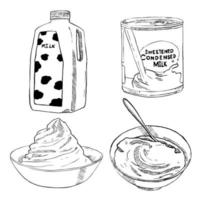 set of sketch and hand drawn element milk product collection vector